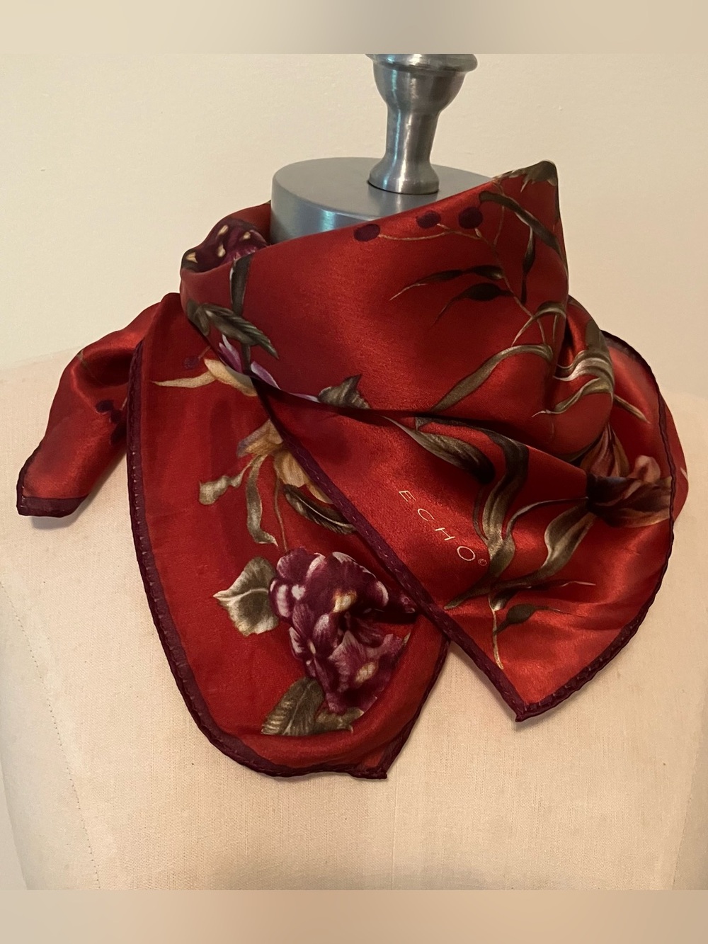 VTG  100% Silk Echo 20” Square Scarf Burgundy Floral Old Money Preppy NWT